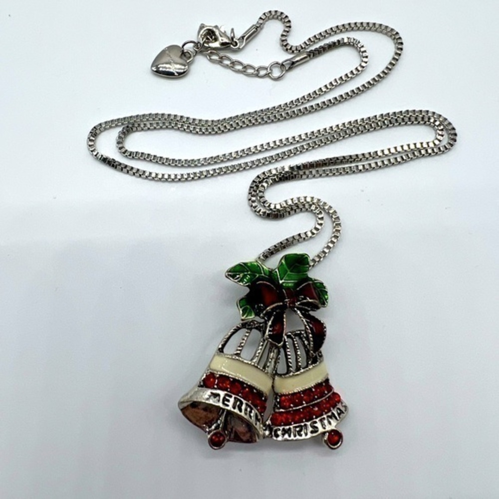 NEW CHRISTMAS red, green and silver bell with mistletoe fashion necklace